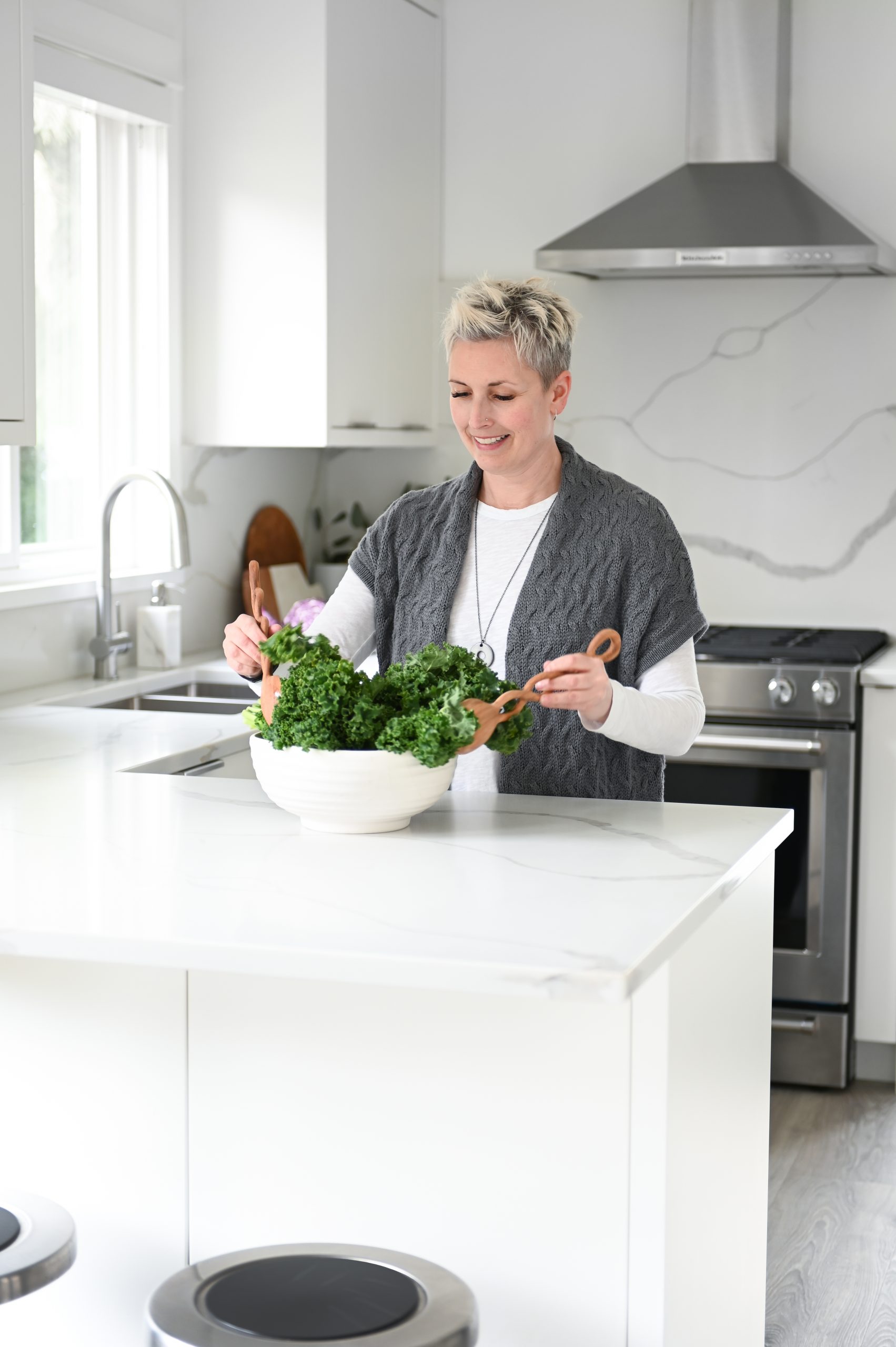 simply home decorating lori steeves kale green salad bowl counter backsplash cambria quartz white grey veins