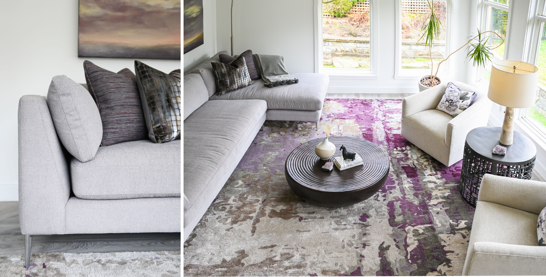 simply-home-decorating-north-vancouver-statement-pieces-gray-sofa-in-living-room-with-rug-with-purple-accents