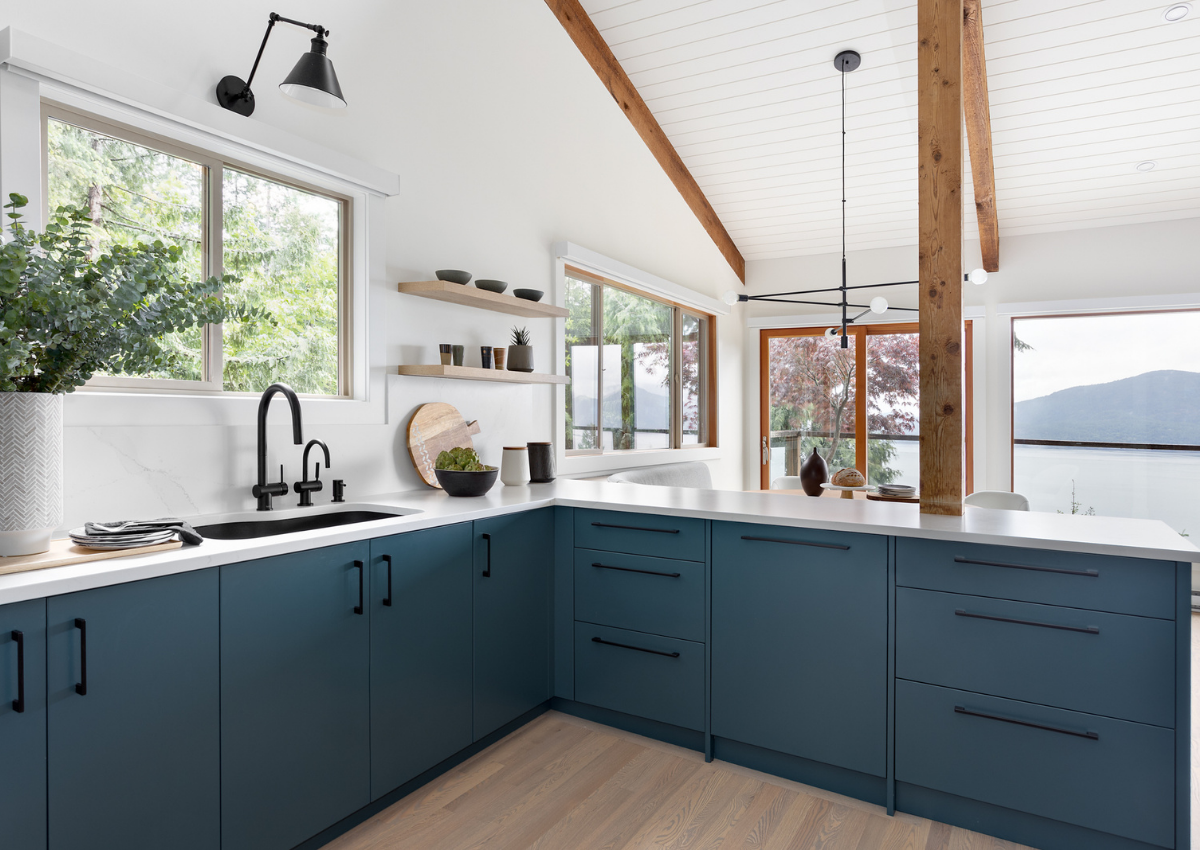 Simply-Home-Decorating-Lions-Bay-Deep-Cove-Post-and-Beam-Vancouver-Simply-Home-Decorating-Interior-Design-Kitchen-Teal-Cabinets