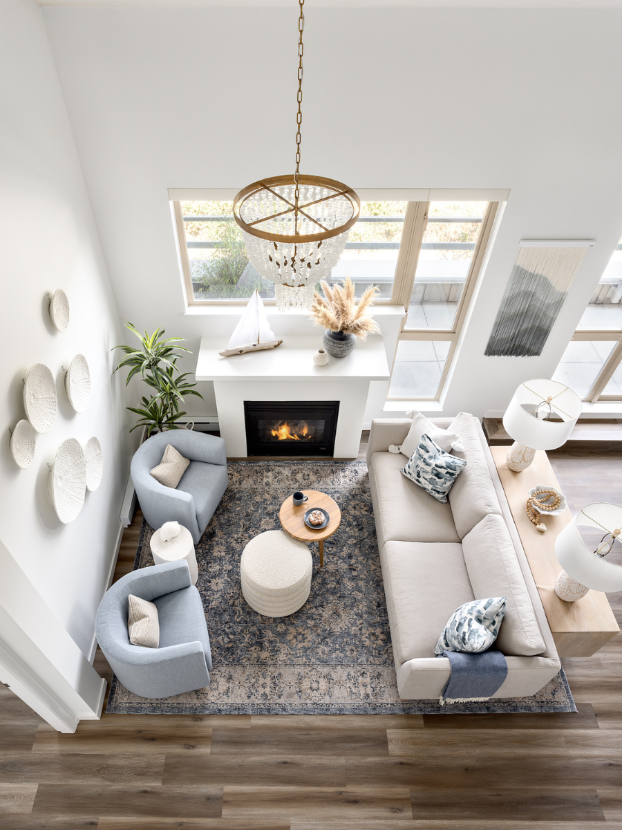 Simply Home-Vancouver-Ravenswoods-Fireplace-Small Spaces-Living Room-Zoning-Serene-Blue-Neutral Decor-Cozy-Furniture