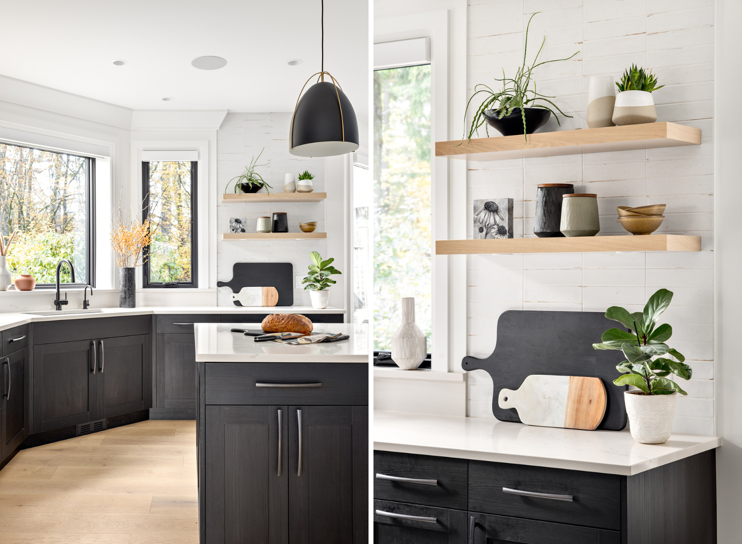 A_Simply Home-larkhall-north-vancouver-kitchen-white-oak-interior-decor-open shelving-black-pendants-plants