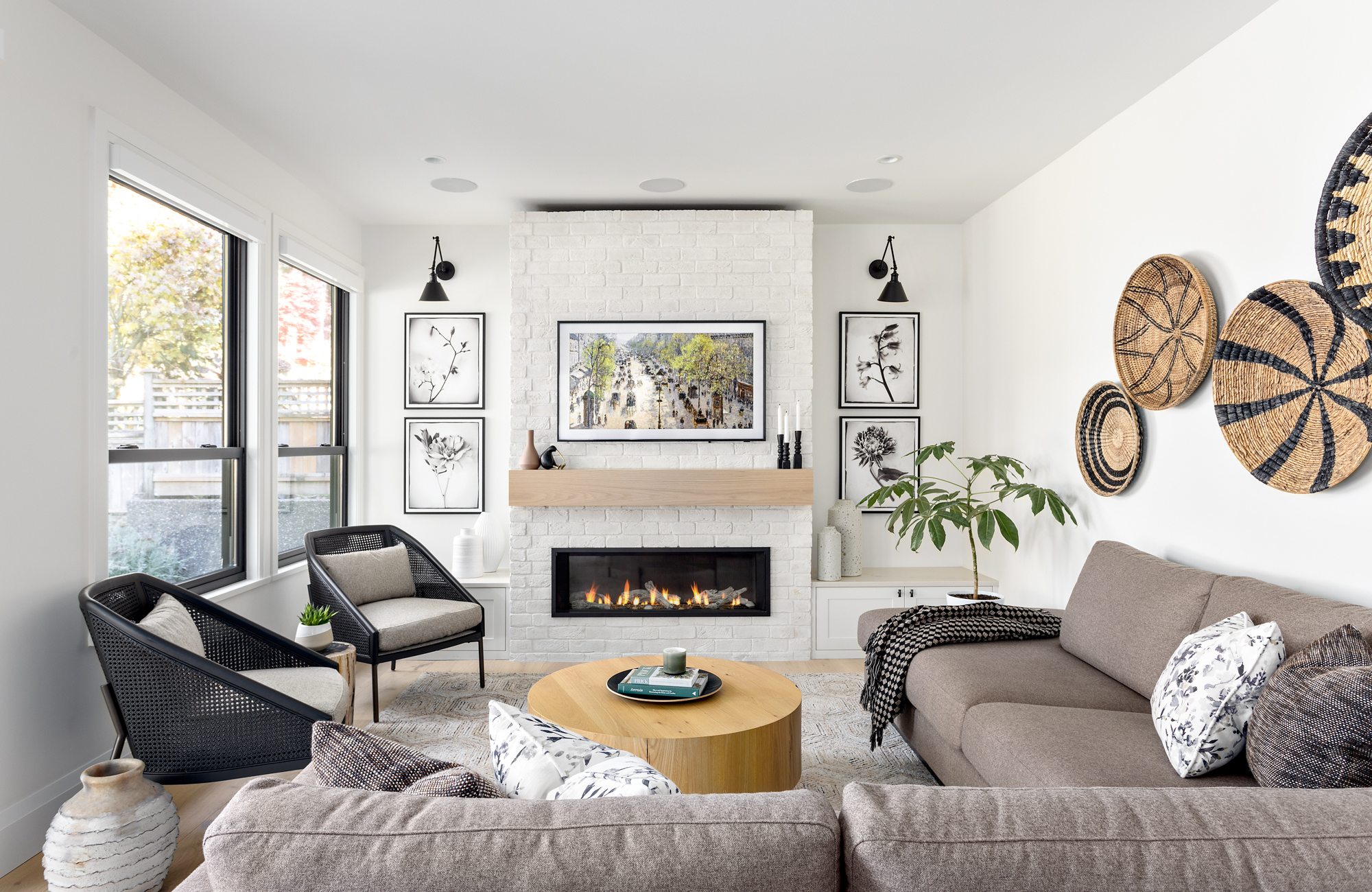 Simply Home-larkhall-north-vancouver-living-botanical-fireplace-art tv-textiles-modern-sofa-black