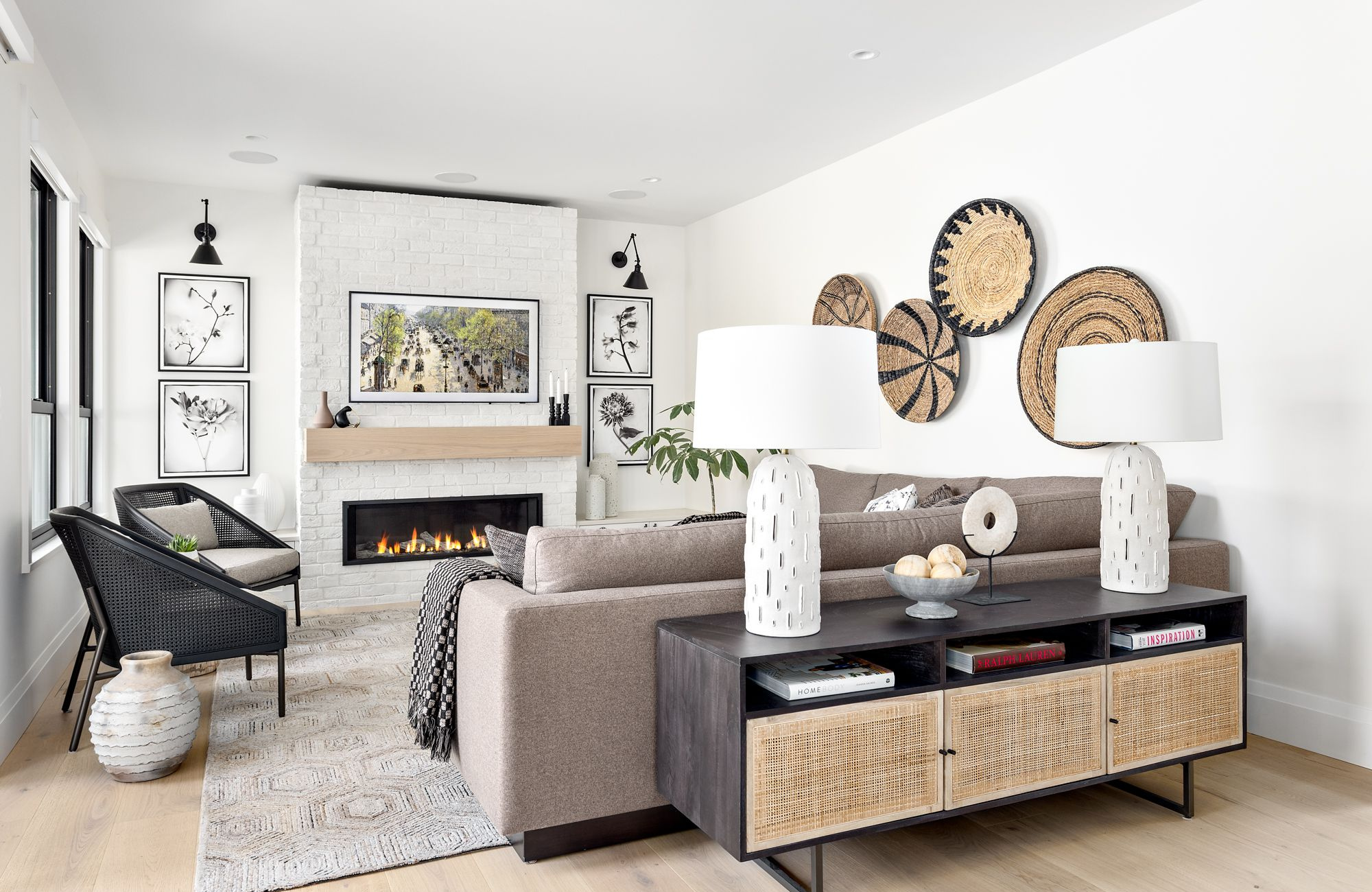 lakhall-crescent-interior-design-woven-wood-console-brick-fireplace-modern-fresh-luxurious