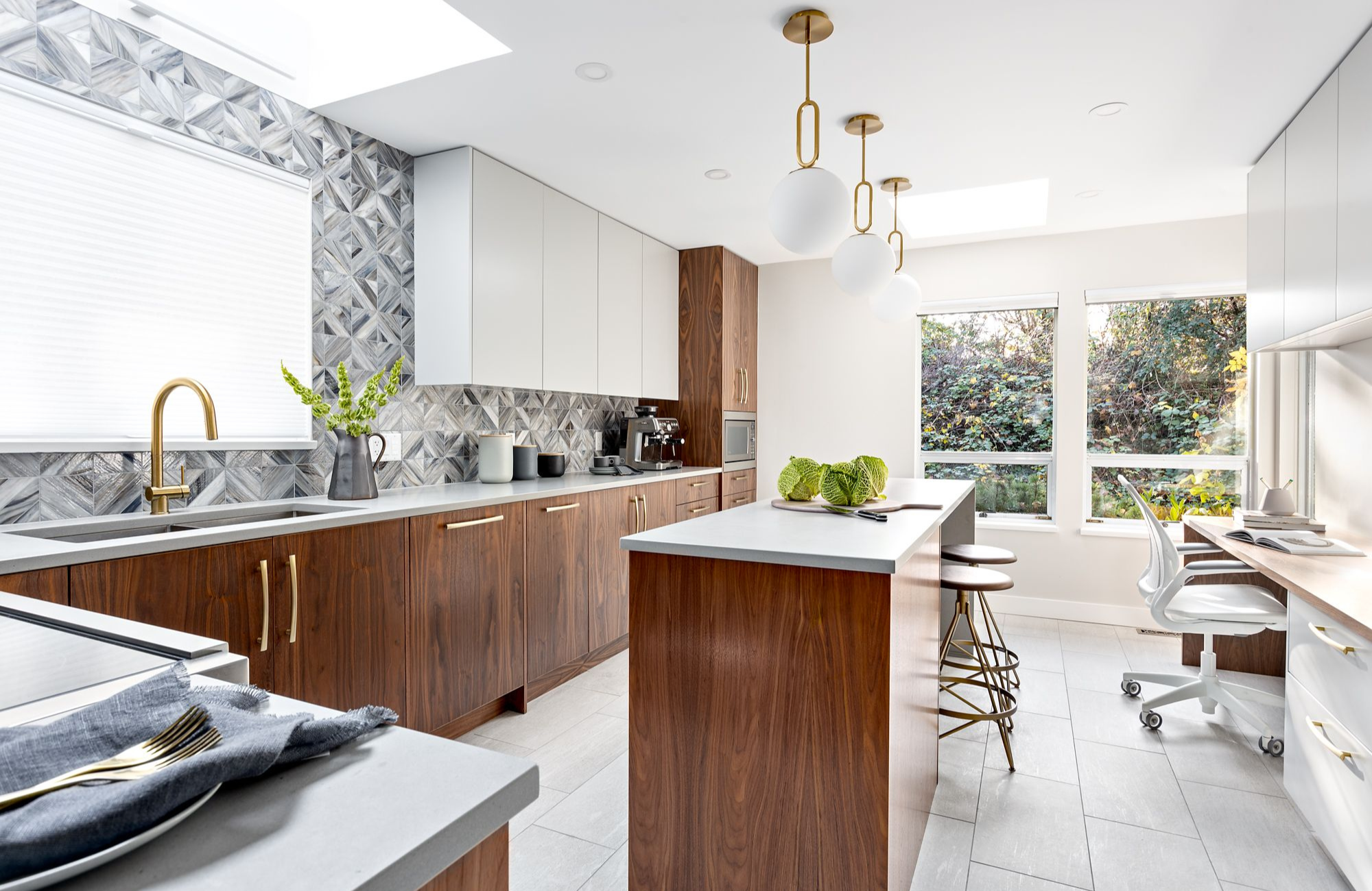 modern kitchen geometric tile north vancouver rich wood tones bright open island home office space