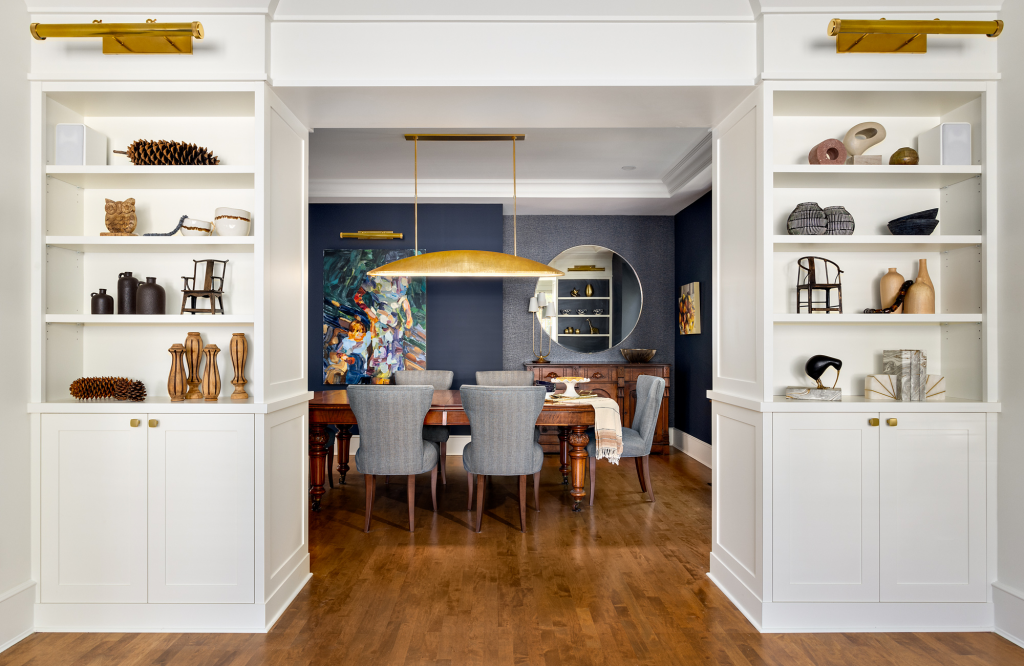 simply-home-decorating-north-vancouver-ca-incorporating-antiques-in-your-modern-home-built-in-cabinetry-with-view-into-dining-room-dark-blue-walls-heirloom-dining-table-fresh-design