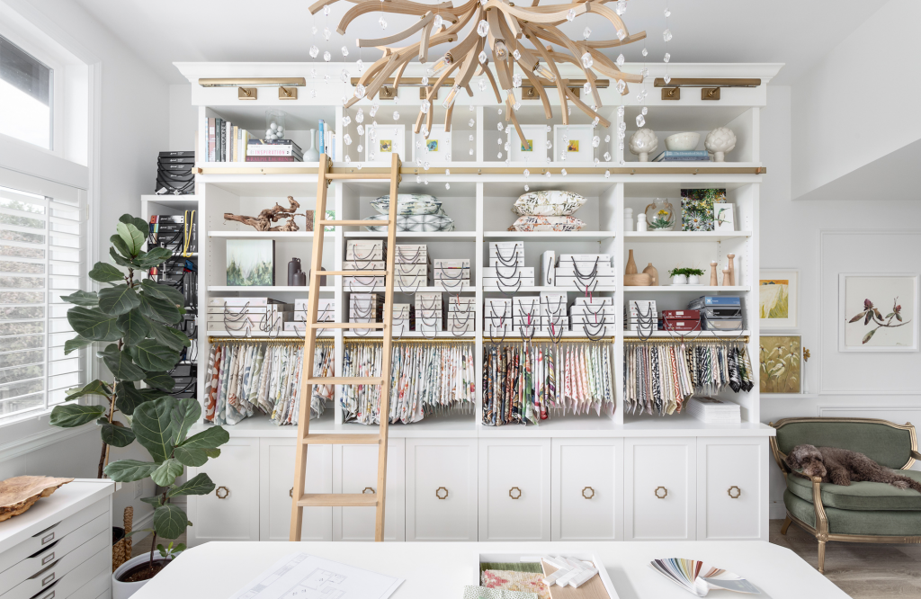 Simply-home-decorating-north-vancouver-home-office-design-studio-built-in-white-shelves-library-custom-wood-chandelier