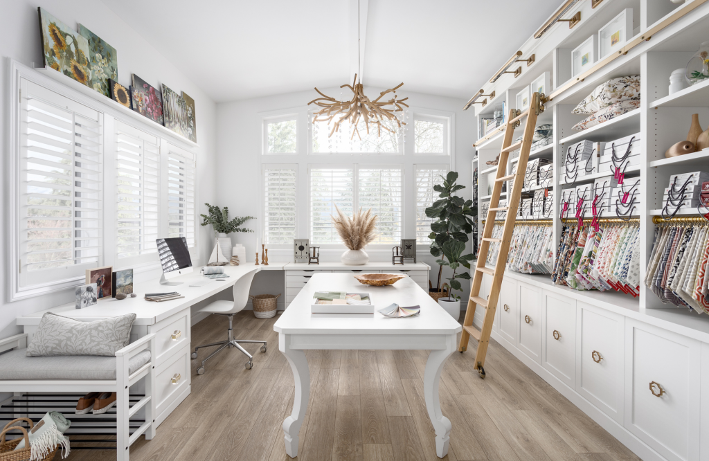 north-vancouver-design-studio-home-office-legal-suite-built-in-white-desk-custom-wood-chandelier-library
