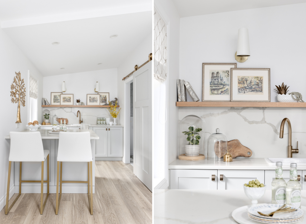 north-vancouver-interior-design-studio-neutral-kitchenette-small-kitchen-open-shelving-white-quartz-countertops-brass-fixtures