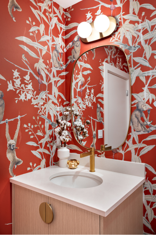 simply-home-decorating-north-vancouver-bc-mid-century-home-renovation-cheeky-powder-room-drunk-monkeys-wallpaper-bright-bold-playful-contemporary