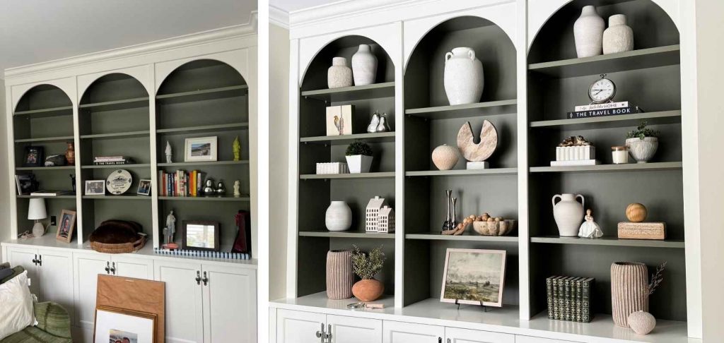 home-furnishings-west-vancouver-finishing-touches-in-interior-design-before-and-after-syling-shelves-arched-built-in-shelves-green-back-wall-timeless