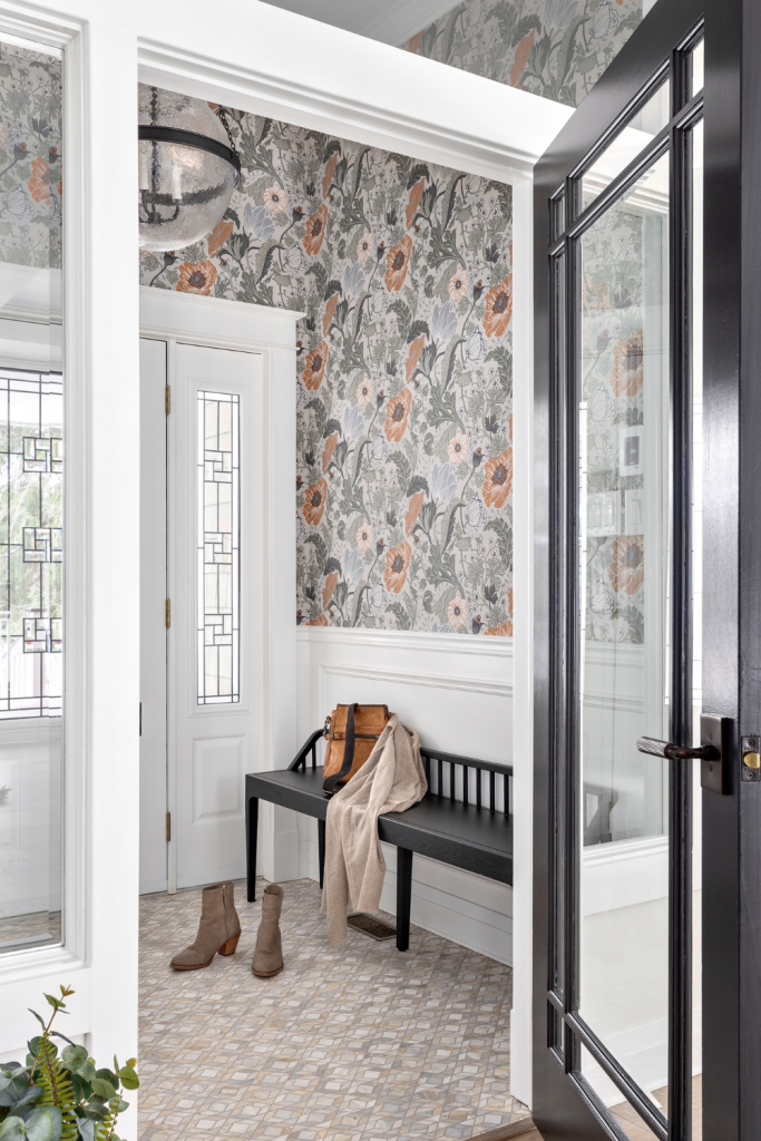 newfoundland interior design traditional entryway vintage floral wallpaper custom bench mosaic tile floorling simply home decorating canadian interior design studio