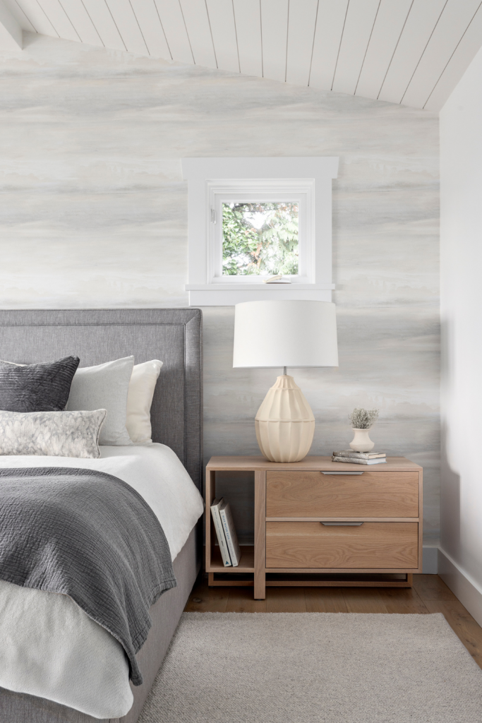 simply-home-decorating-west-vancouver-primary-ensuite-coastal-inspired-home-design-interior-designer-lori-steeves-serene-wallpaper-shiplap-ceiling