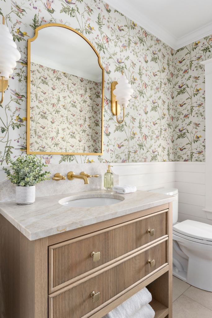 feminine bathroom floral home design brass wall sconce fluted vanity west vancouver interior design