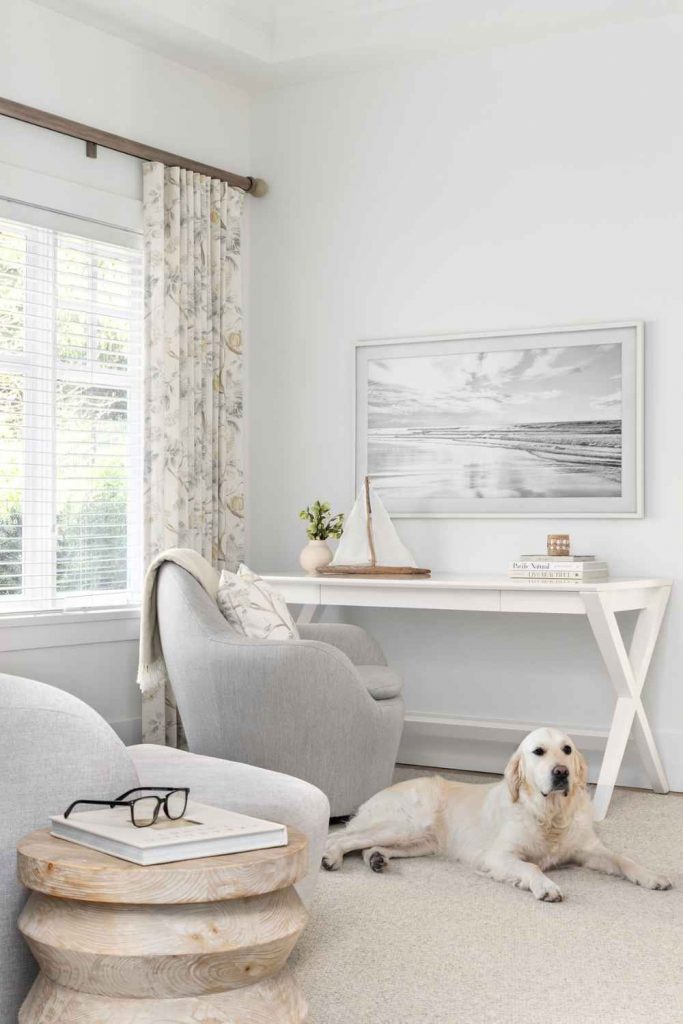 full-service-interior-designer-lions-bay-bc-interior-design-investment-home-office-nook-white-desk-by-window-soft-colours-golden-retriever-sitting-on-rug-refined-design