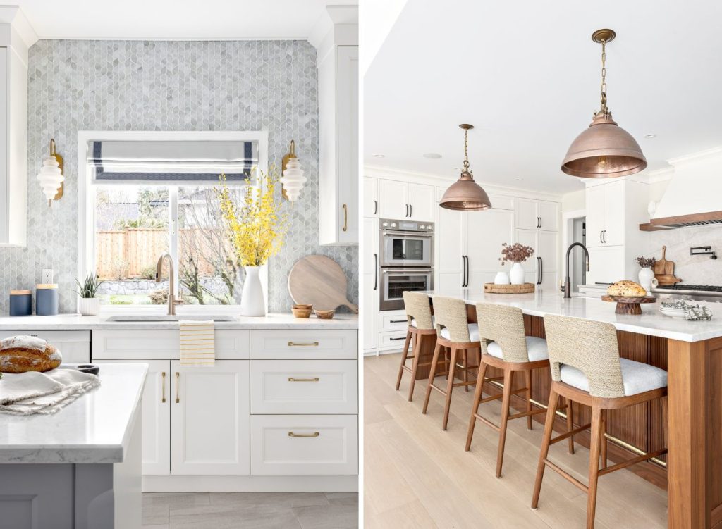 home-furnishings-lions-bay-kitchen-design-everyday-living-soft-kitchen-elements-window-valance-woven-bar-stools-copper-pendant-lights-timeless