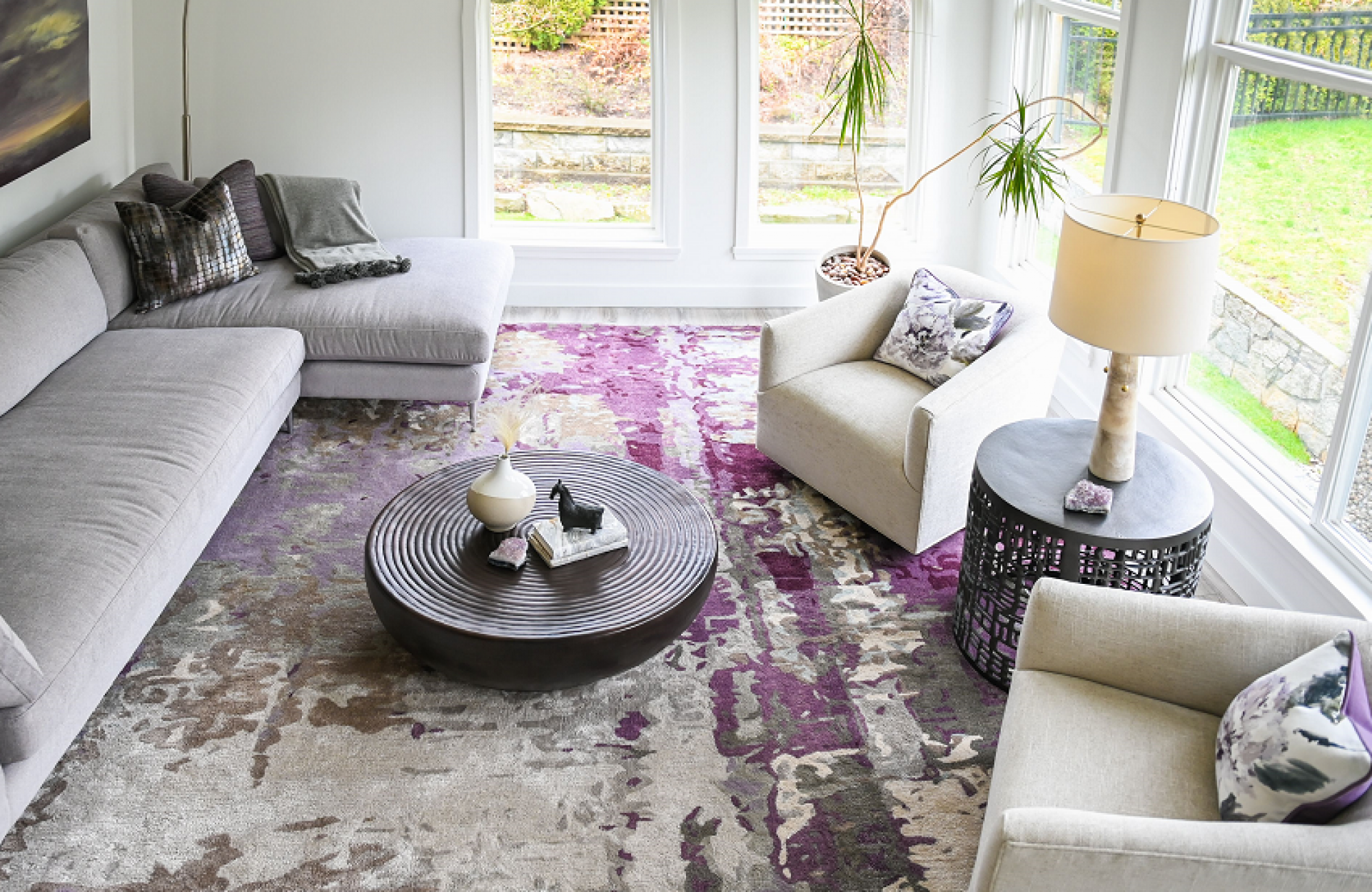 Simply Home Decorating Lori Steeves Vancouver BC Canadian Designer What You Need to Know About Designing a Home that Helps You Destress Purple and Grey Light and Airy Living Room