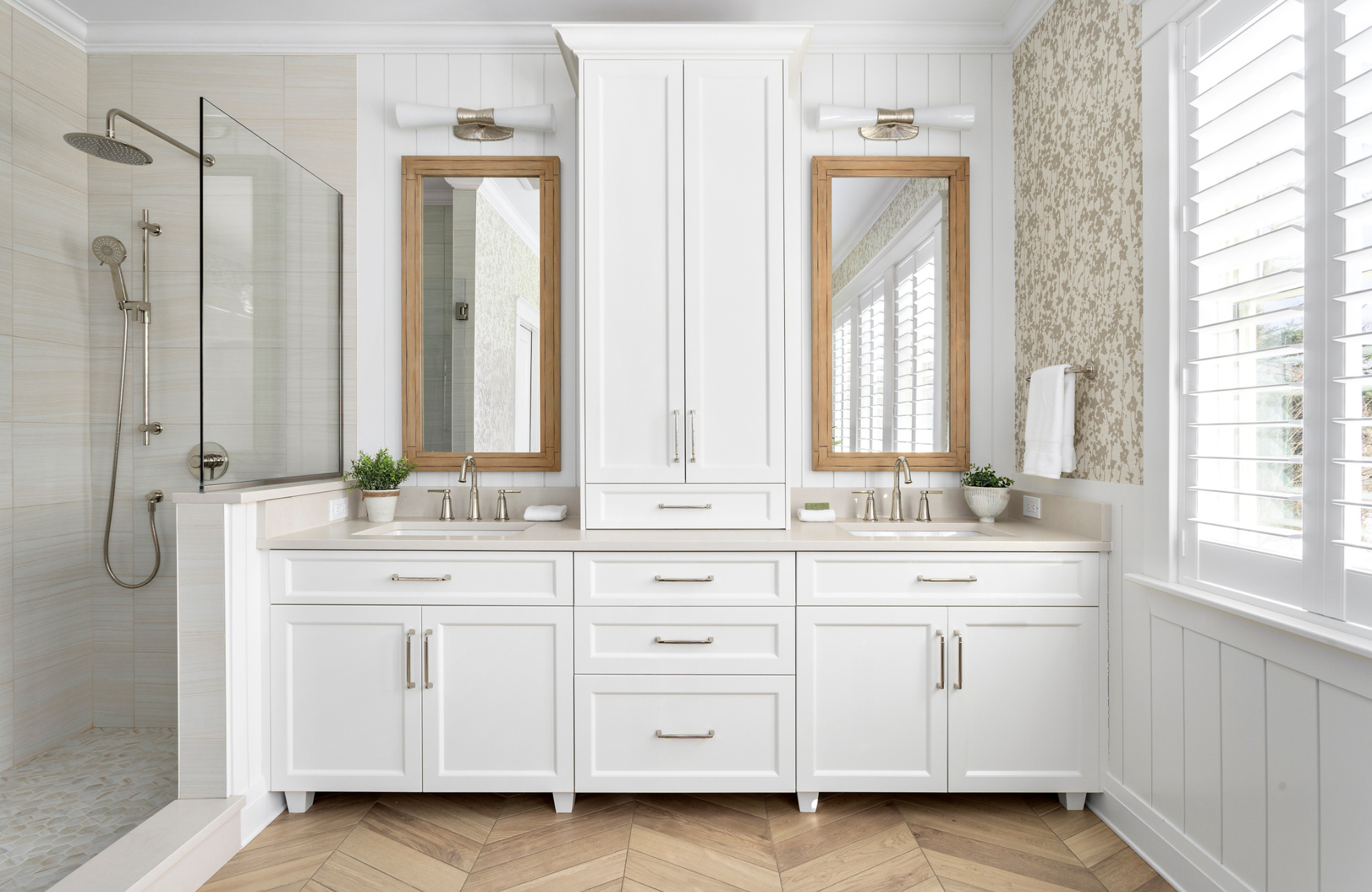 interior design for functional spaces bathroom design white cabeintry and floral wallpaper simply home decorating newfoundland vancouver canada